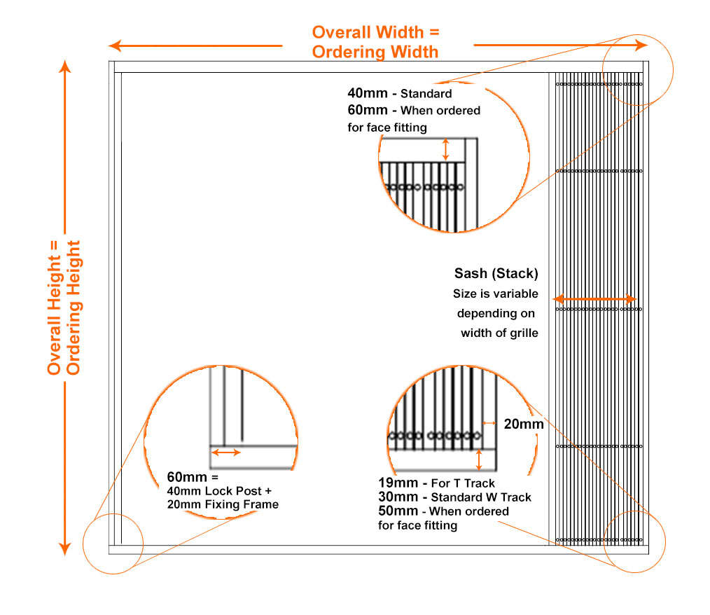 Retractable security grille ordering dimensions