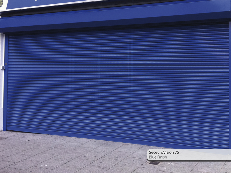 Seceurovision 75 in a dark blue finish securing a shop front