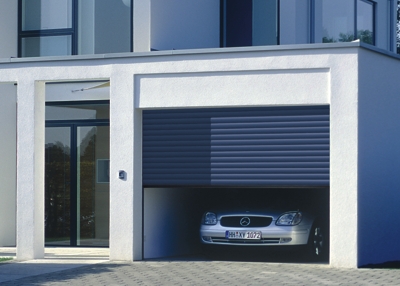 roller garage door in blue finish