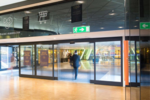 Glazed door in shopping centre