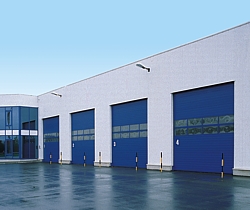 sectional doors woth windows in blue finish